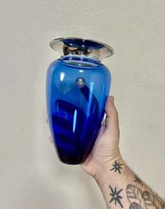 RARE ROYAL COPENHAGEN COBALT BLUE GLASS VASE SILVER OVERLAY RIM 8.25” LABEL - Picture 1 of 7