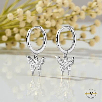 ORECCHINI DONNA A LOBO CON FARFALLA ARGENTO 925 RODIATO E ZIRCONI ANALLERGICI - Immagine 1 di 4