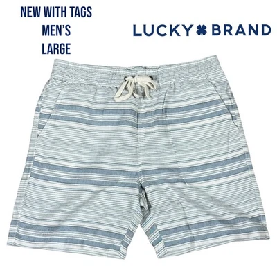 Pantalones Cortos Lucky Brand Mezcla de Lino Para Hombre Grandes Azul Blanco Rayas Cordón NUEVO Foto 1 de 4