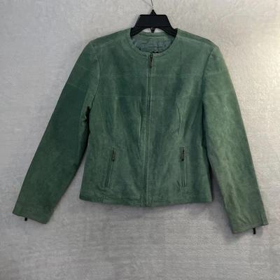 Live A Little Womans Full Zip Leather Jacket Green Solid Medium Long Sleeve - Image 1 of 4