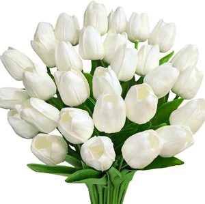 30 Pcs White Fake Tulips Artificial Flowers for Decoration, Real Touch PU Faux T - Picture 1 of 12