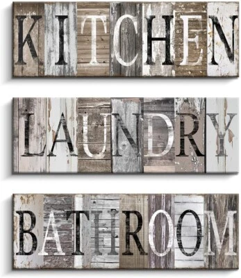 Three Kitchen Laundry Bathroom Signs Canvas Wood Art Lot 6x17” Rustic Vintage - Image 1 of 4