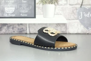 womens summer sliders slides studded gold detail slip ons flip flops sandals new - Picture 1 of 7