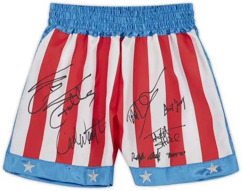 Rocky IV Cast Autographed American Flag Boxing Trunks with 6 Signatures Cover