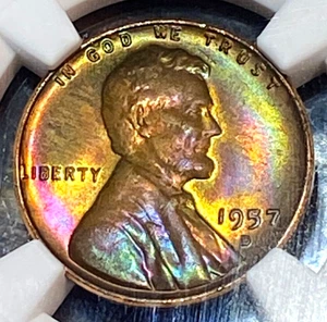 1957-D Lincoln Cent NGC MS66RB Top-Shelf Rainbow Toning CHN - Picture 1 of 3