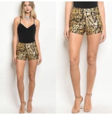 Gold Sequin Booty Shorts High Waist Stretchy Hot  Y2k  Size Small 2 - Image 1 of 2