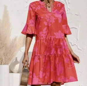 QINCAO Women's Size XXL Loose Tiered Babydoll Ruffled Sleeve Dress Coral & Pink - Picture 1 of 8