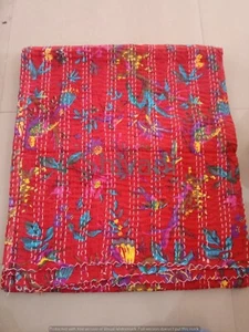 Indian Bird Red Kantha Bedspread Handmade Throw Cotton Blanket Floral Print Bed - Picture 1 of 4