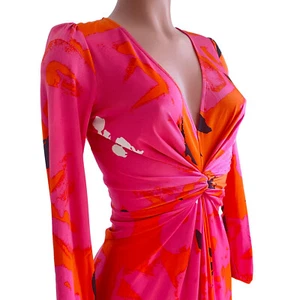 NWT FLORA KUNG $540 Azalia Pink Print Silk Jersey Twist Front Deep V Dress 10 - Picture 1 of 3
