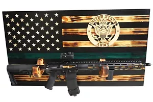 Wooden Rustic American Flag with Gun Rack Army Handmade 36” x 19.5” - Picture 1 of 5