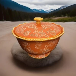 Tara Temptations Pumpkin Floral Lace Serving Bowl w Lid Ovenware Orange 3 quart - Picture 1 of 13