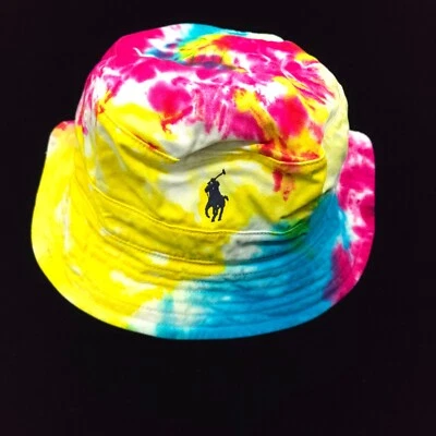 NEW! POLO RALPH LAUREN BUCKET HAT -S/M YELLOW BLUE PINK TIE DYE PONY CHINO TWILL - Image 1 of 4