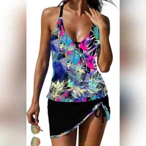 Tankini Swimsuits with Skirt 2 Piece Swimwear Color Block Bathing Suits - Picture 1 of 2