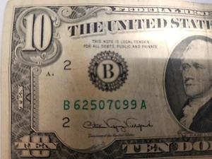 1988 A $10 Ten Dollar Bill Federal Reserve Note B 62507099 A - Picture 1 of 6