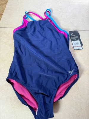 Traje de baño Speedo Big Girls azul marino espalda cruzada empalme de una pieza talla 12 NUEVO Foto 1 de 2