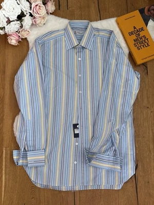 Camicia Turnbull And Asser 16 41 cm formale blu a righe uomo polsino francese - Immagine 1 di 4