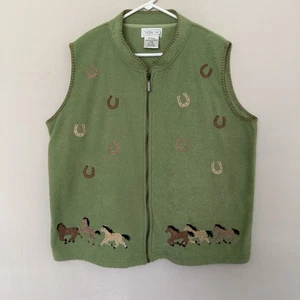 Gilet vintage Mandal Bay verde senza maniche zip cavalli ferri di cavallo donna taglia 2XL - Foto 1 di 6