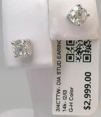 Brincos de ouro branco 14K com certificação de 0,75 CTW de diamante genuíno - Imagem 1 de 2