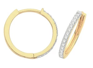 PAIR 9CT HALLMARKED YELLOW GOLD POLISHED 15MM DIAMETER PAVE SET HUGGIE EARRINGS - Picture 1 of 6