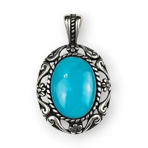 Relios Turquoise Sterling Pendant Floral Scroll Oval Carolyn Pollack 925 Silver - Picture 1 of 12