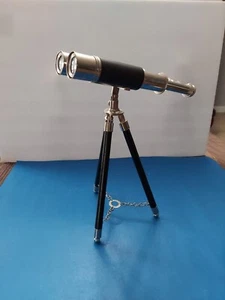 Binoculares vintage de acero inoxidable sin marca con trípode desmontable de cuero sintético - Imagen 1 de 9