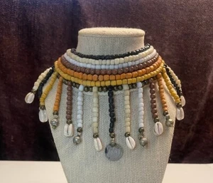 Tribal choker necklace cowrie India coin 24 in hand made African? beaded Boho - Picture 1 of 4