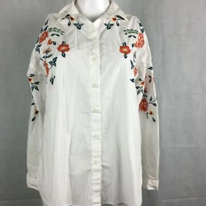 Camisa de playa almuerzo salón para mujer talla XS blanca algodón floral bordada con botones - Imagen 1 de 9