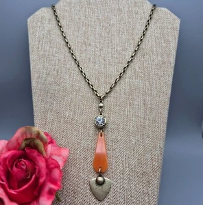 NWT Jessica Simpson Bronze Gold Pendant Necklace Orange Arrow Design Crystal 28" - Picture 1 of 8