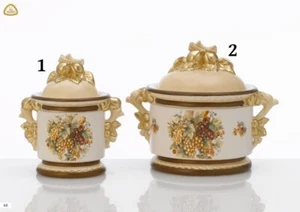 BARATTOLO+BISCOTTIERA IN CERAMICA AVORIO/ORO E MARRONE CON FRUTTA - Picture 1 of 1