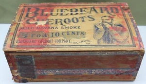 Antique Wooden Cigar (Empty) Box BLUEBEARD CHEROOTS CO. RICHMOND VA.- 12 PICTS. - Picture 1 of 12