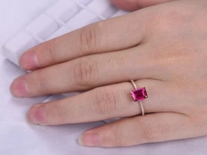 2.40 Ct Emerald Cut Real Ruby & Diamond Engagement Ring 14K Solid Rose Gold - Picture 1 of 8