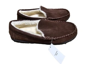 Lands End DARK BROWN Suede Shearling Fleece Lined Slippers Men Size 8 D NEW - Picture 1 of 5