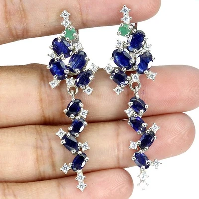 925 Sterling Silver Earrings Oval Sapphire 6x4mm Emerald Gemstone Jewelry - Image 1 of 4