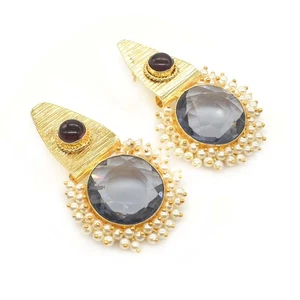 Handarbeit vergoldet runder Ohrring Amethyst Quarzschliff Edelstein 1,5" bis 2" u812 - Bild 1 von 5