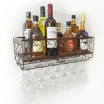 Estante de vino montado en la pared con percha de vajilla, estante de copa de vino montado en la pared ella... Foto 1 de 4