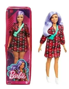 Barbie Fashionistas Bambola #157 curvy con capelli di lavanda con abito a quadretti rosso - Foto 1 di 5