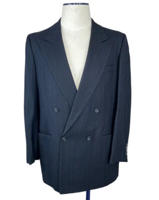 Traje Chaqueta Perry Ellis Hombre Talla 46 L Rayas Negras Lana Virgen Doble Pecho Foto 1 de 4