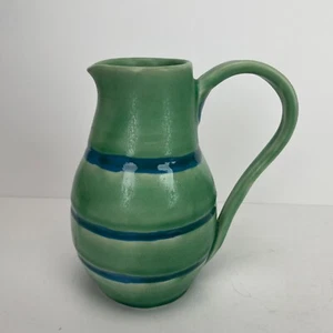Pottery Glazed Pitcher Creamer Green w/ Blue Stripes Stamped Vintage Hand Thrown - Picture 1 of 14