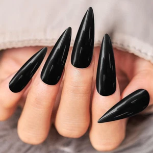 STILETTO LONG TEARDROP *LICORICE* Full Cover Black 24 Nails Press On Glue Set! - Picture 1 of 5