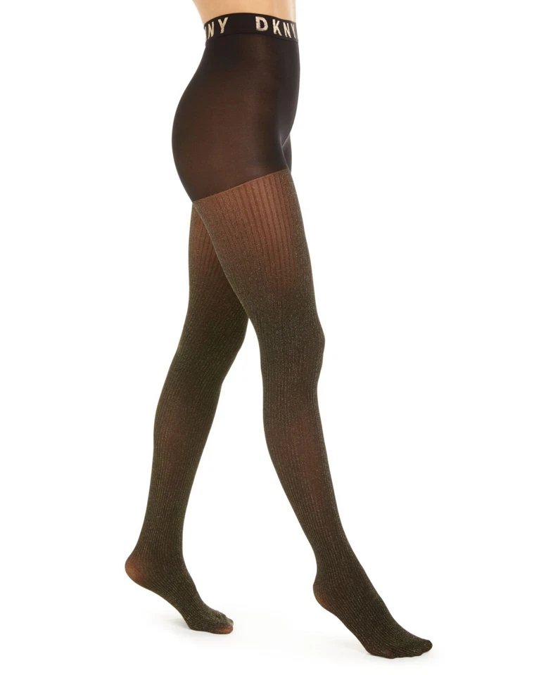 DKNY Lurex Ribbed Control-top Tights Black With Gold Shimmer Women's Size Small