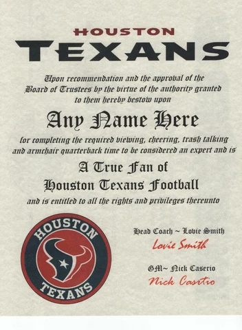 HOUSTON TEXANS NFL FAN ~CERTIFICATE  ~  FAN MAN CAVE 2022 GIFT Cover