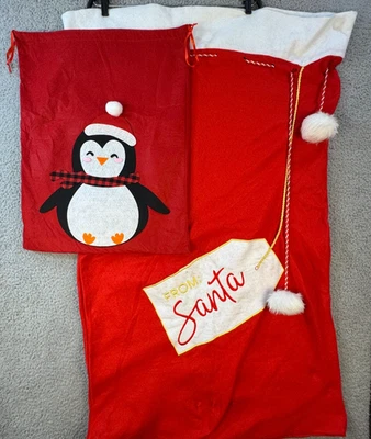 Saco de Natal Papai Noel conjunto de 2 sacos de presente pinguim e Papai Noel nota grande médio - Imagem 1 de 4