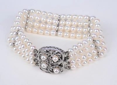 Brazalete vintage de perlas de 4 hilos de diamantes de oro blanco de 14K de 8" Foto 1 de 4