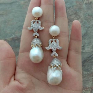 Huge 15x24MM White Keshi Pearl CZ Pave Yellow Gold Plated Earrings - Picture 1 of 6