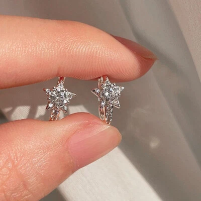 925 Sterling Silver 5 Pointed Star Hoop Circle Ring Huggie Earrings Women Girls - Image 1 of 4
