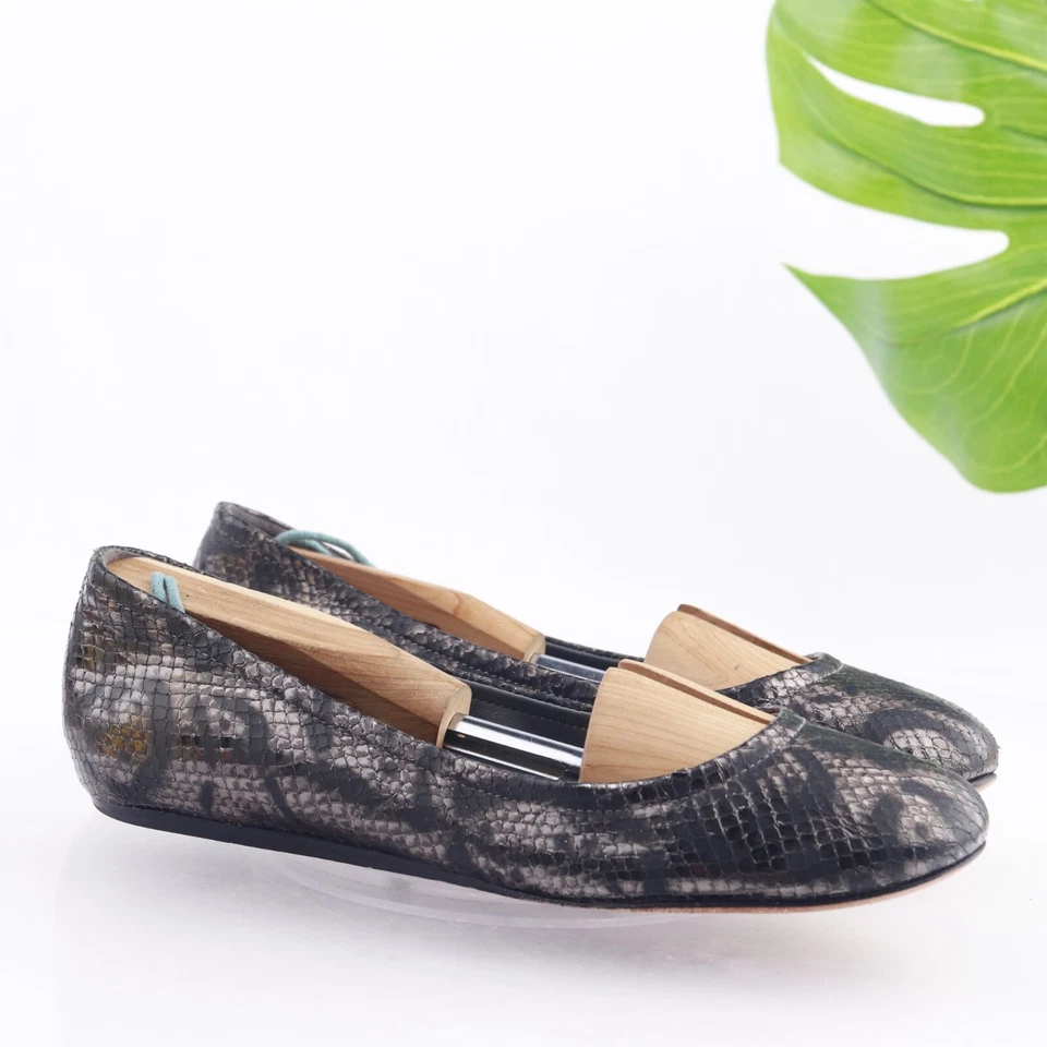 Zapato Vera Wang Mujer Ballet Plano Talla 7 Gris Metálico Cuero Negro Piel de Serpiente Foto 1 de 4