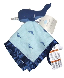 NEU Cloud Island blau Narwal Wal Babydecke Satinborte Sicherheit Lovey - Bild 1 von 2