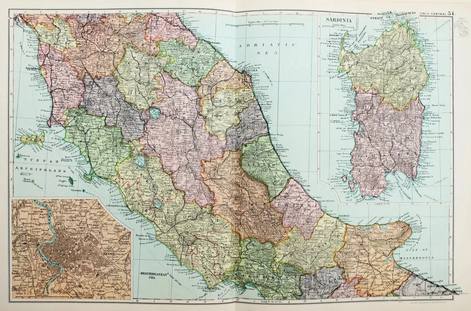 CENTRAL ITALY, ROME, SARDINIA - 1913 ANTIQUE FOLDING MAP - Bacon - 35 x 54 cm - Image 1 of 1