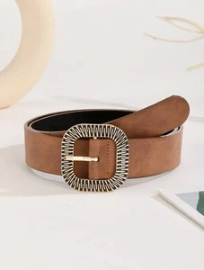 Women’s Brown Boho Square Metal Buckle Belt Size S (39.37” X 1.5”) Fits 25-31” - Picture 1 of 5