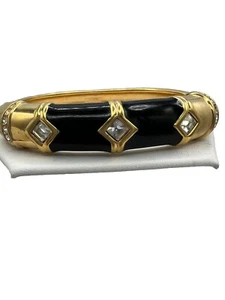 Swarovski SAL Black Enamel Rhinestone Gold Tone Hinged Bangle Bracelet Signed - Picture 1 of 5